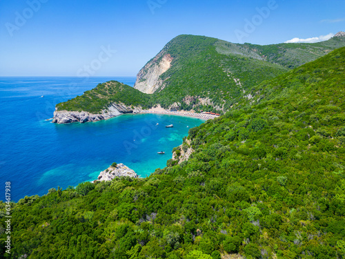 Queen s Beach   Kraljichina Beach   in Canj  Montenegro. Aerial view of paradise tropical beach  surrounded by green hills. Montenegro. Balkans. Europe.