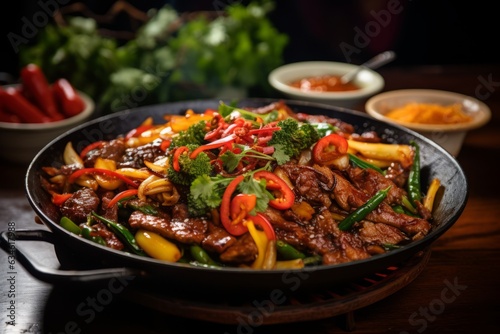 Sizzling Hot Wok with a Flavorful Stir-fry of Colorful Vegetables and Tender Beef, Generative AI