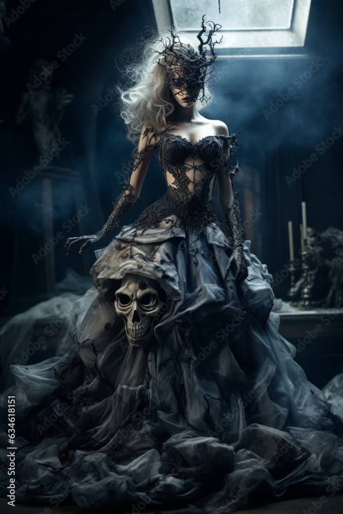 Dark queen of nightmares, a fantasy portrait of a stylish woman dressed in a beautiful dress. Generative AI illustration
Dark queen of nightmares, a fantasy portrait of a stylish woman dressed in a beautiful dress. Generative AI illustration