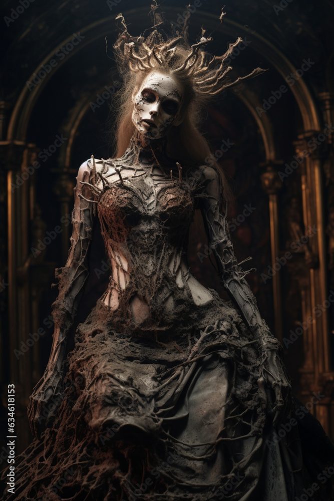 Dark queen of nightmares, a fantasy portrait of a stylish woman dressed in a beautiful dress. Generative AI illustration	
