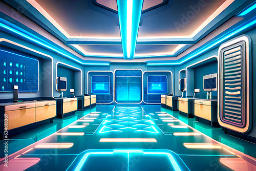 Futuristic cartoon indoor background for a high-tech laboratory