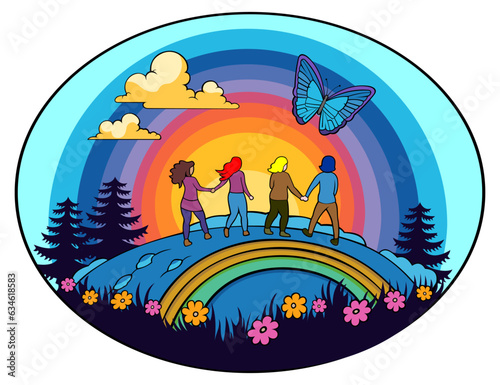 Group of Women holding hands Gay Pride Vector Illustration