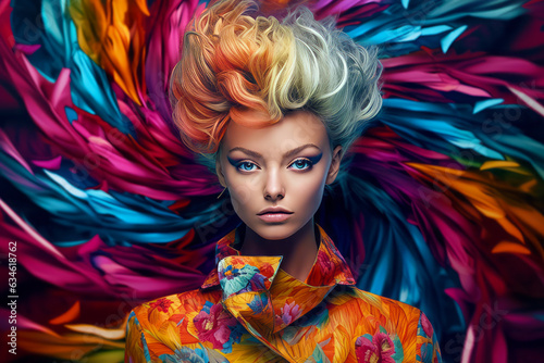 Image of woman with bright hair and colorful feathers on her head. © valentyn640