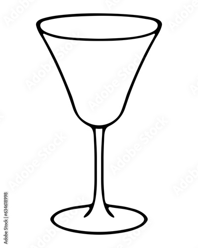 Empty cocktail glass. Sketch. Vector illustration. Crystal container for a refreshing drink and a light aperitif. Doodle style. Outline on isolated background. Glass goblet with a long stem. 