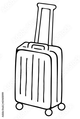 Suitcase with handle. Sketch. Travel bag on wheels. Vector illustration. Doodle style. Outline on isolated background. Coloring book for children. A chest for transporting things while traveling.