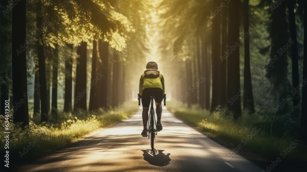 sport biker woman riding bicycle on street arond with forest, Generative AI sport biker woman riding bicycle on street arond with forest, Generative AI