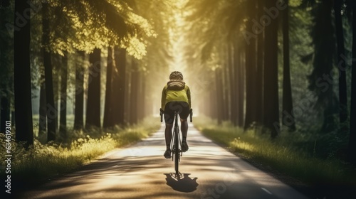 sport biker woman riding bicycle on street arond with forest, Generative AI photo