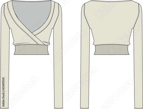 wide v neck long sleeve cropped Blouse Template Flat Sketches, Fashion Technical Drawings, Crop Top Technical Drawing,Fashion Templates, Shirt Pattern, Fashion Cad Drawing, Textile Flat Sketch