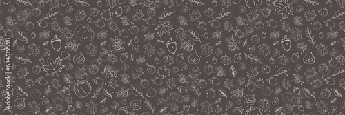 Seamless Hand drawn eggplant Fall pattern. Sketched outlines of pumpkin, acorn, leaves, nuts, maple leaf, flowers, birch leaves. Horizontal Fall pattern. Vector Illustration. EPS 10.