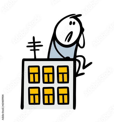 Cartoon doodle sad man sits on the roof of a tall house and looks down. Romantic vector illustration of a depressed stickman.