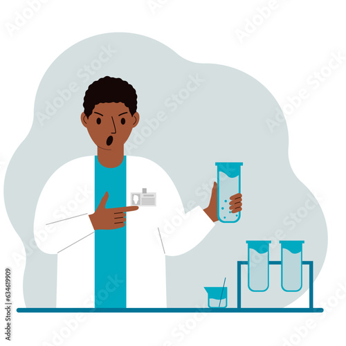 Male scientist with flasks. Experimental scientist, laboratory assistant, biochemistry, chemical, scientific research.