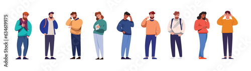 Confused characters men and women. in doubts and thoughts. Worry and think. Flat vector illustrations isolated on white background.