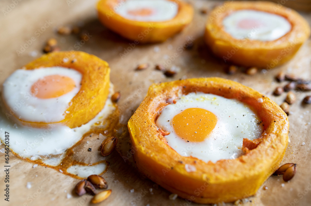 Low carb breakfast with roasted butternut squash, fried eggs and pumpkin seed Low carb breakfast with roasted butternut squash, fried eggs and pumpkin seed