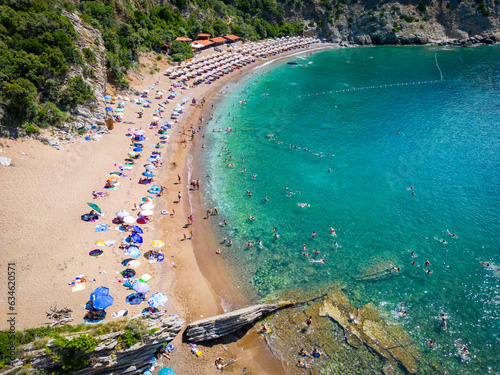 Queen's Beach ( Kraljichina Beach ) in Canj, Montenegro. Aerial view of paradise tropical beach, surrounded by green hills. Montenegro. Balkans. Europe. photo