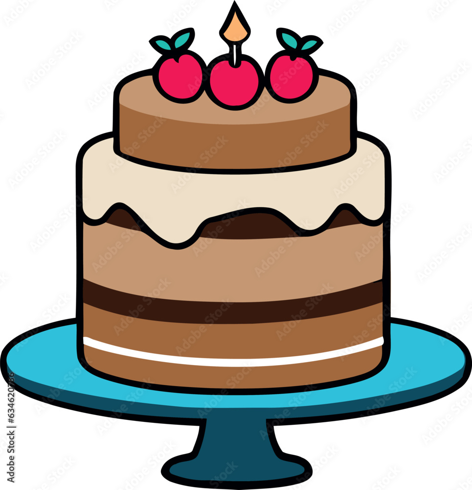 Birthday, wedding, tart cake with candle in flat color vector design in white background Birthday, wedding, tart cake with candle in flat color vector design in white background