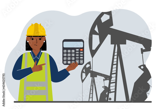 A female refinery engineer worker uses a tableted oil pumping unit. Energy industrial zone, oil drilling.