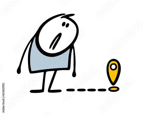 Cartoon unhappy, confused stickman looks at the dotted line and the location sign. Vector illustration funny character can not find his way home.
