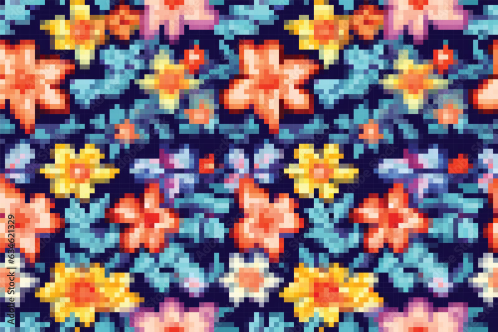 Fototapeta premium Seamless Pixel art pattern with flowers. Cute floral pattern design. Vector illustration.