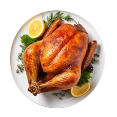 Thanksgiving roasted turkey isolated on white transparent background, top view, PNG