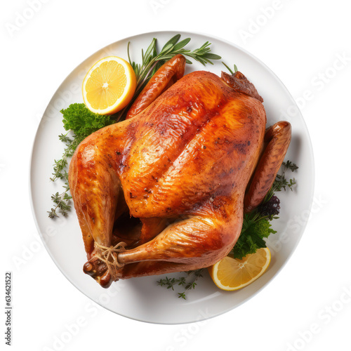 Thanksgiving roasted turkey isolated on white transparent background, top view, PNG
