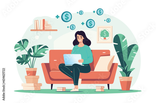 Side Hustle. Woman earning money from couch at home. Female person sitting on sofa with laptop computer and dollar bills raining down. Vector illustration.