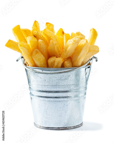 Potato Fries In Metalic Little Bucket Isolated.