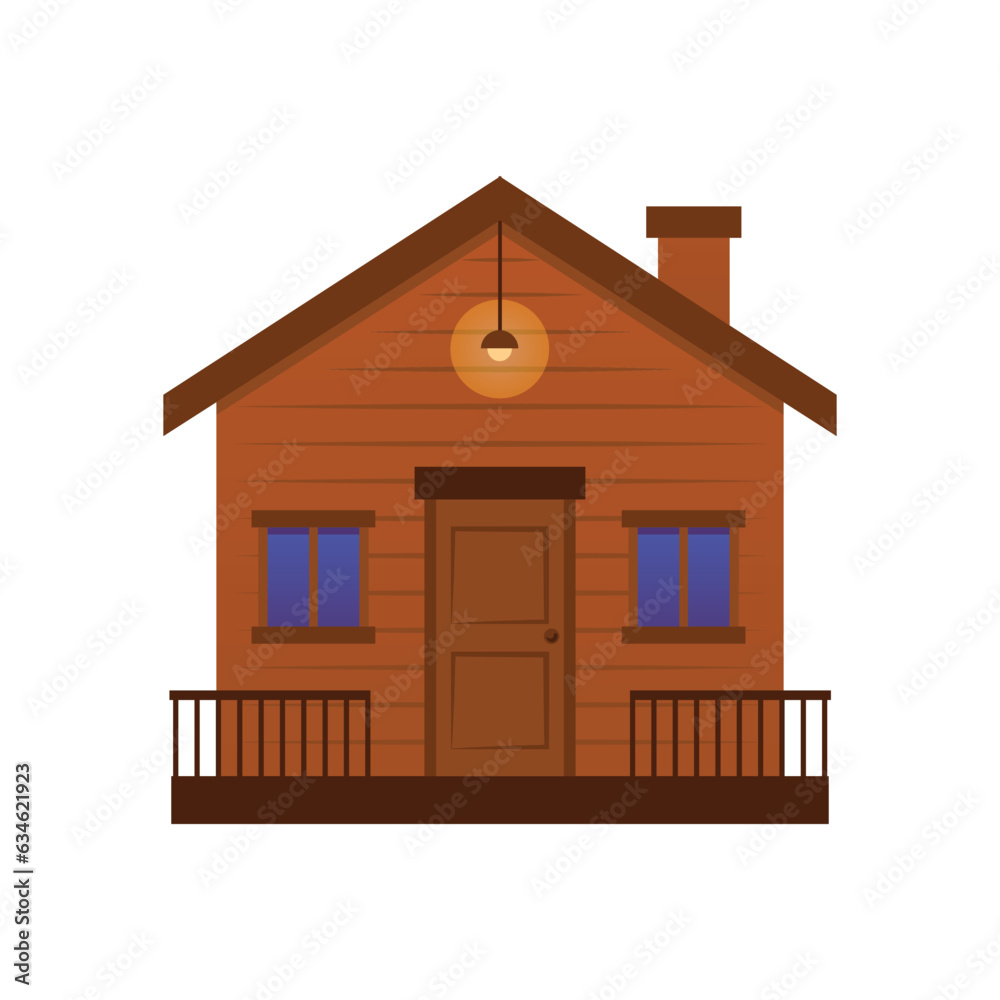 Wooden house with door windows and terrace, lamp is lit on the porch, small brown home vector flat isolated illustration Wooden house with door windows and terrace, lamp is lit on the porch, small brown home vector flat isolated illustration
