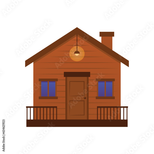 Wooden house with door windows and terrace, lamp is lit on the porch, small brown home vector flat isolated illustration