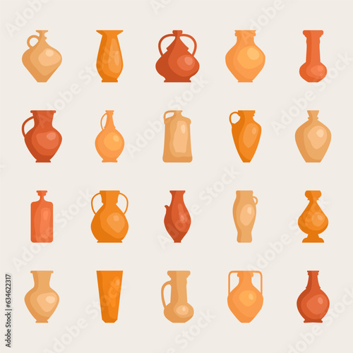 Pottery set. Vector collection with simple 3D effect. Image of sculptures vessels  bowls  pitchers  and vases. Retro and vintage ceramic jugs. Element for design