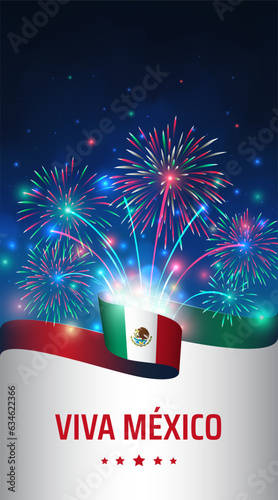 September 16, mexico independence day. Mexican flag and colorful fireworks on blue night sky background. National holiday september 16th. Independence day card. Vector. Translation: Long live Mexico