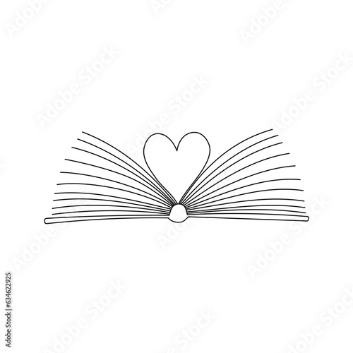 Outline doodle open book with pages folded in shape of heart. Symbol of knowledge, learning, reading, literature. A concept for book lovers. Hand drawn black white isolated vector illustration.
