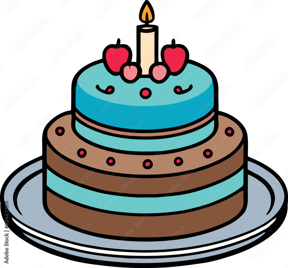 Birthday, wedding, tart cake with candle in flat color vector design in white background Birthday, wedding, tart cake with candle in flat color vector design in white background
