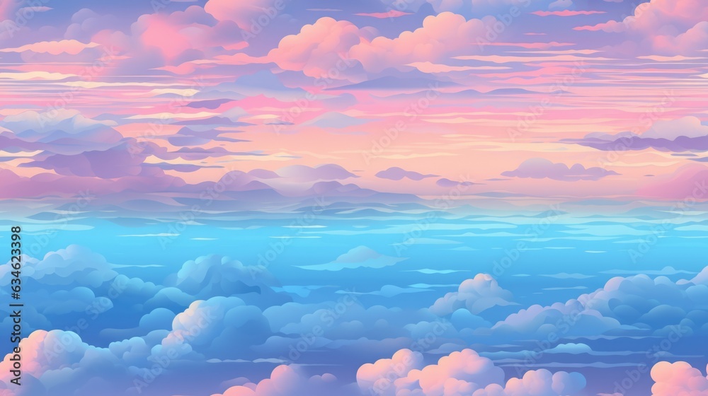 Seamless texture - pastel color early morning sunrise cloudscape over ocean horizon of blue, pink and orange hues - generative AI