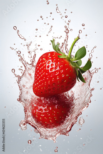 Strawberry with spash of pure water isolated on white background. Generative art.