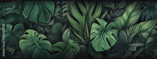 Tropical leaves background, banner with green floral pattern, generative AI.