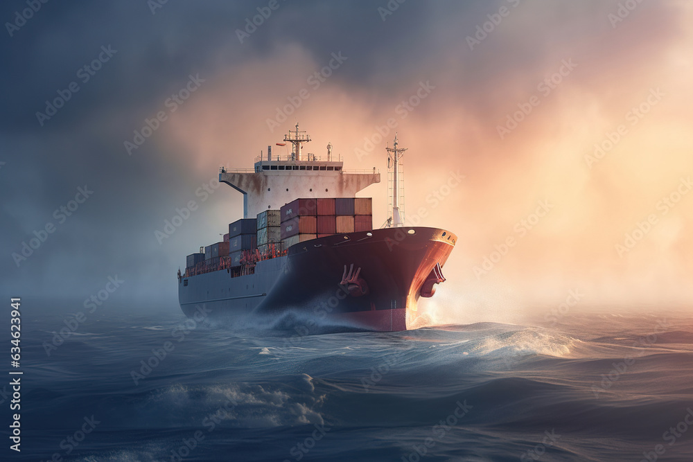 Cargo ship in the open sea, dense morning fog all-around. Overcast weather.	 - obrazy, fototapety, plakaty 