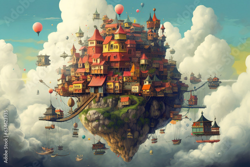 Fantasy town on a soaring island, creative illustration generated with Ai