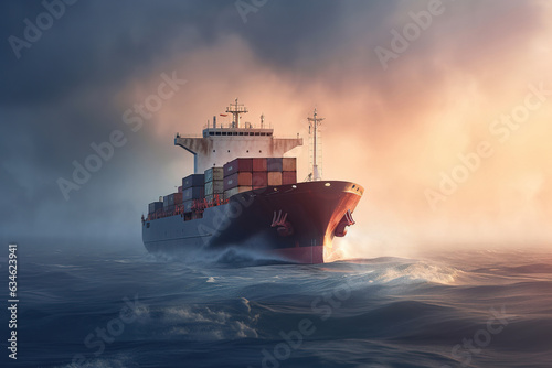 Cargo ship in the open sea, dense morning fog all-around. Overcast weather. 