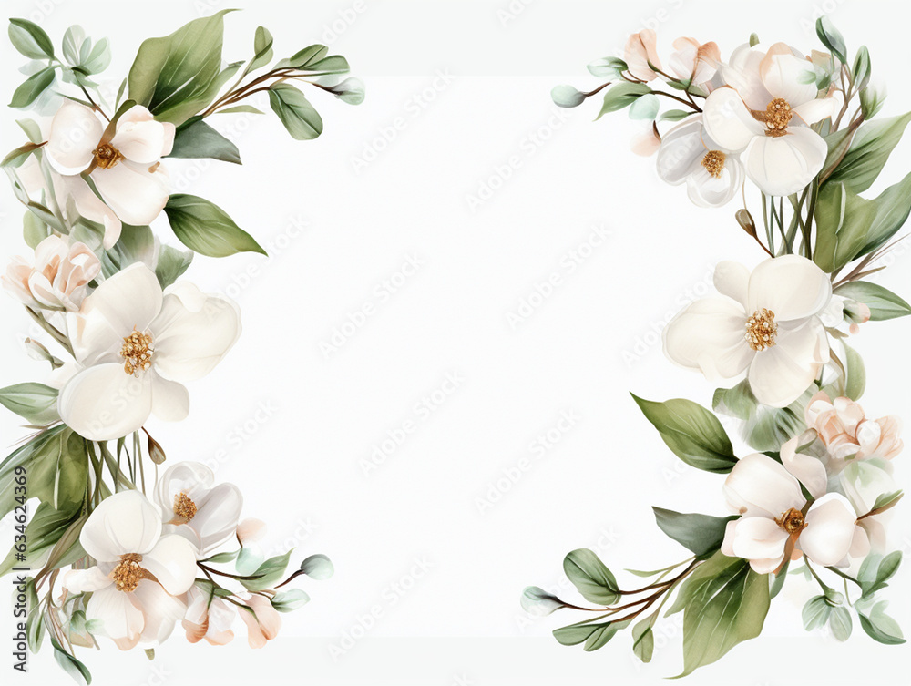 White Blossom vintage floral frame in watercolor style on white background. Template for greeting or wedding Text generative AI photo