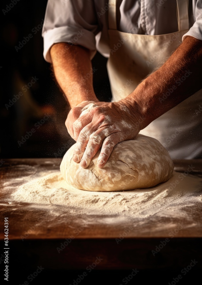A professional baker kneads dough for fresh bread in his own bakery. Generative AI.