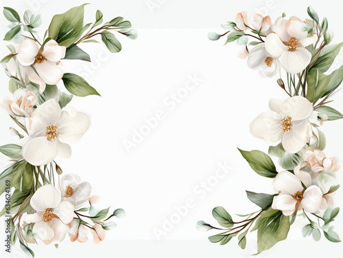 White Blossom vintage floral frame in watercolor style on white background. Template for greeting or wedding Text generative AI photo © Rames studio