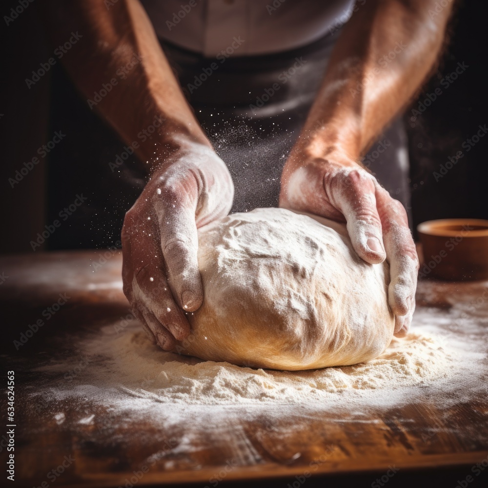 A professional baker kneads dough for fresh bread in his own bakery. Generative AI.