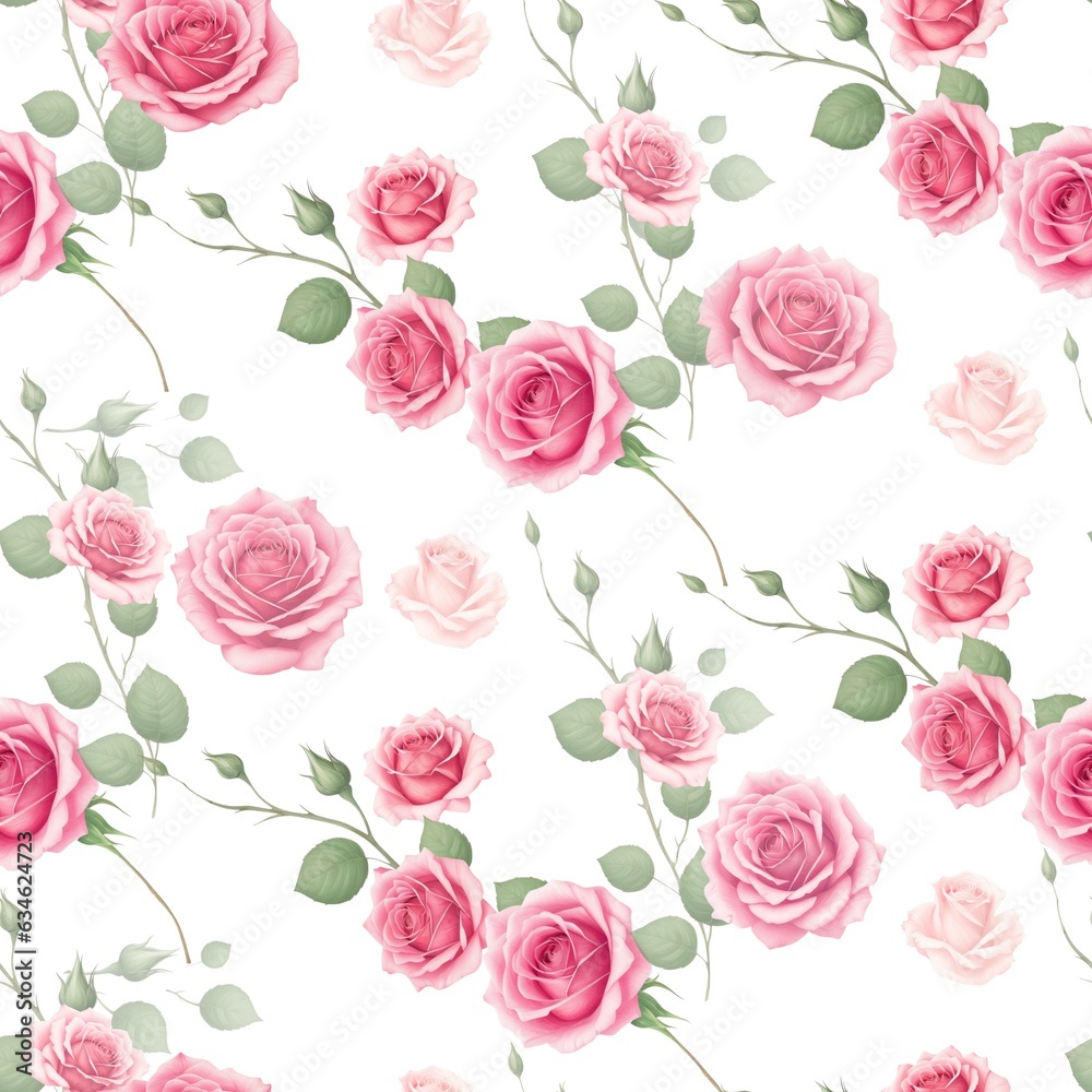 Pink rose flower bouquets elements seamless pattern full filled on white