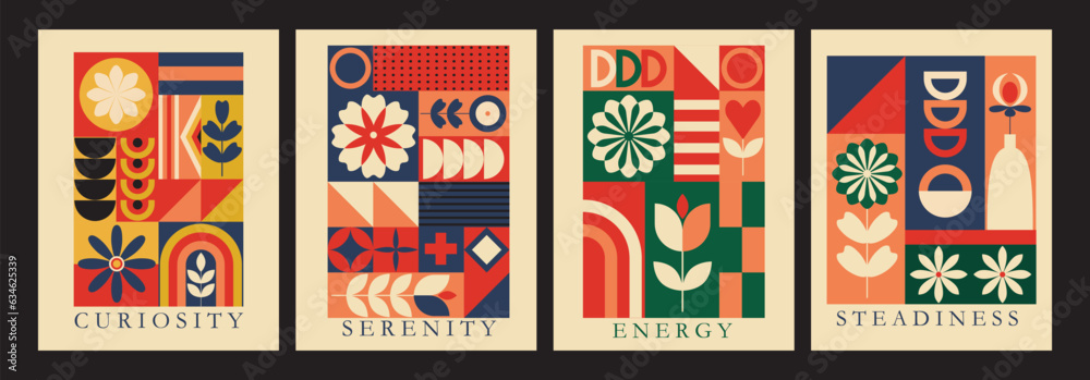 Fototapeta premium Modern Bauhaus poster, banner, cover. Geometric abstract mural background. Geometric mosaic, shapes, flowers, rainbows. Retro vintage tiles and blocks.