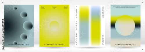 Futuristic Background Set with Gradient Mesh Holographic Shapes. Vector Template Design for your Business. Minimal Print Set in Yellow Green Blue Colors for Your Identity Style.