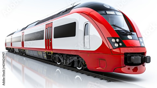 Red modern high speed passenger commuter train isolated on white background
