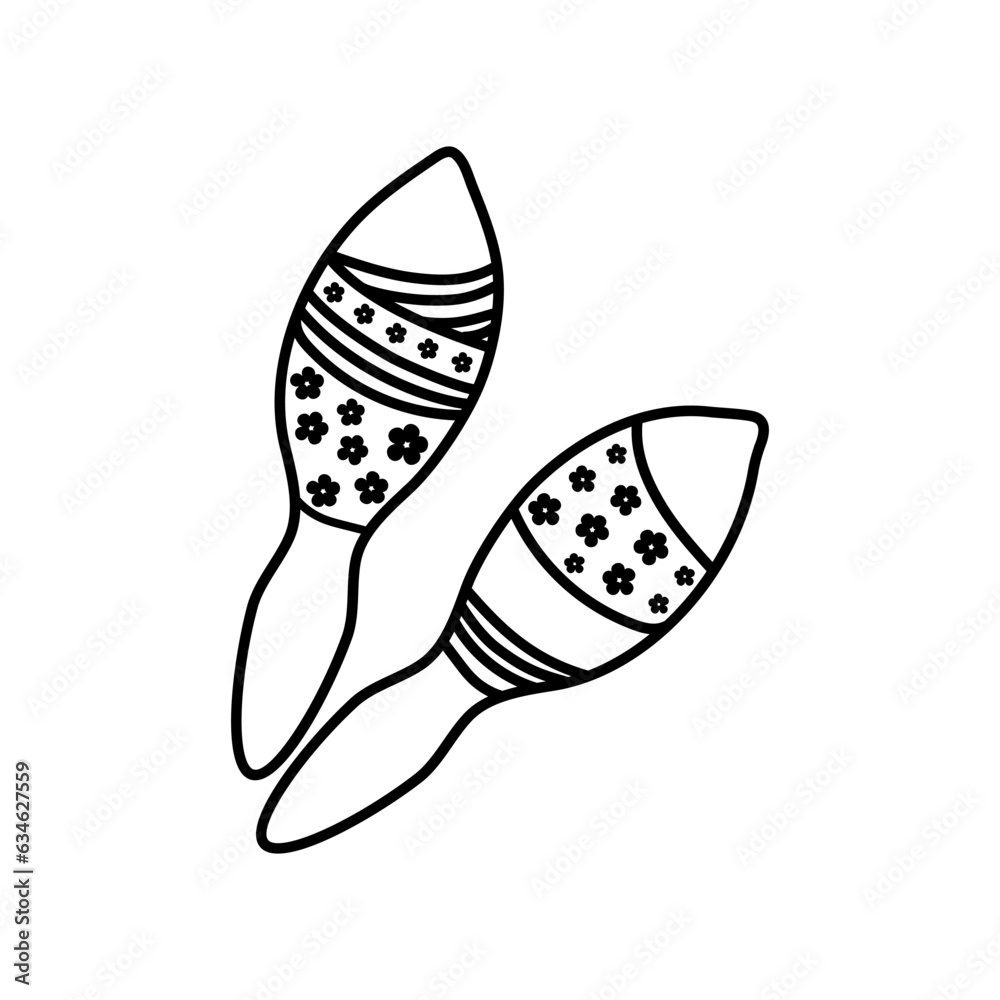 Hand drawn simple doodle Maracas icon. A pair of maracas decorated with floral ornament and stripes. Isolated on white background. Hand drawn simple doodle Maracas icon. A pair of maracas decorated with floral ornament and stripes. Isolated on white background.