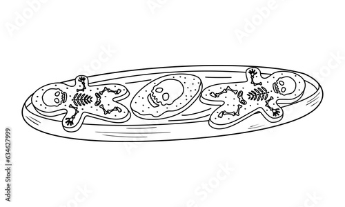 Hand drawn simple doodle plate with shortbread Day of the Dead Cookies. Día de los Muertos ?ookies decorated with skull and skeletons. Isolated on white background.