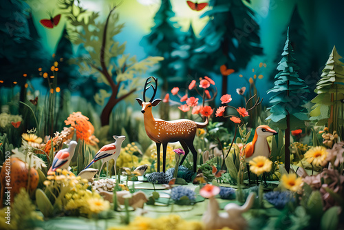 Abstract colorful forest with trees, deers and birds made of paper. Generative AI