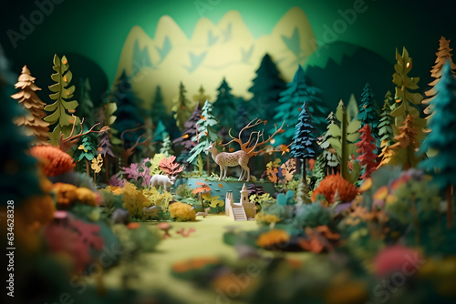 Abstract colorful forest with trees, deers and birds made of paper. Generative AI